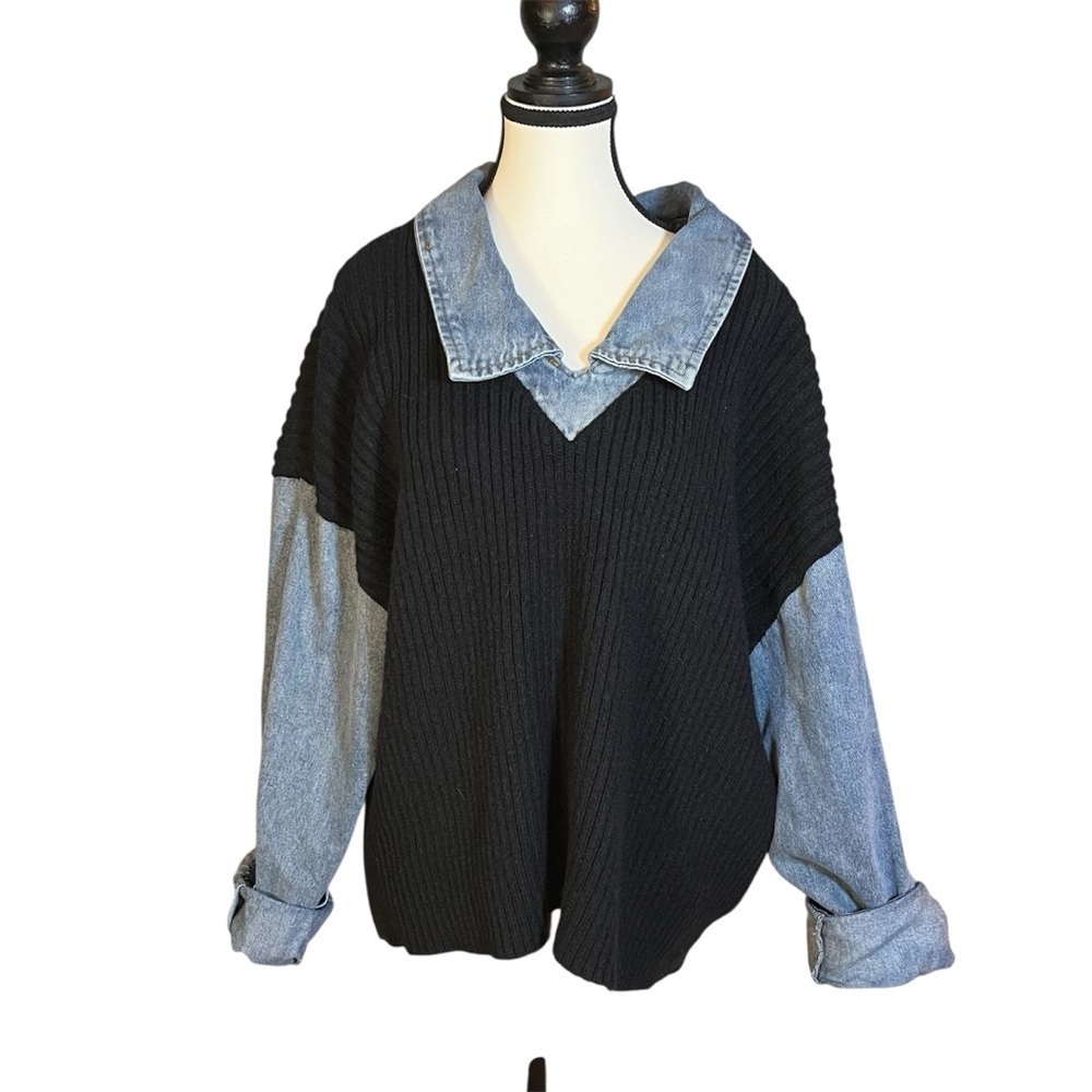 POL Mixed Media Black Sweater Denim Sleeves Women’s Size Small Oversized Knit